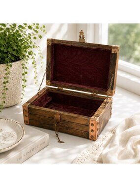 Wooden Treasure Chest W/ Copper Accents & Key Lock 9"x5"x4.5" Rustic Vintage-Sty